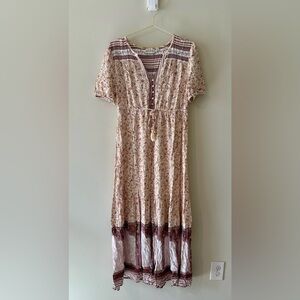 Wonderly Drawstring Waist Paisley Boho Midi Dress with Front Slit size Small New